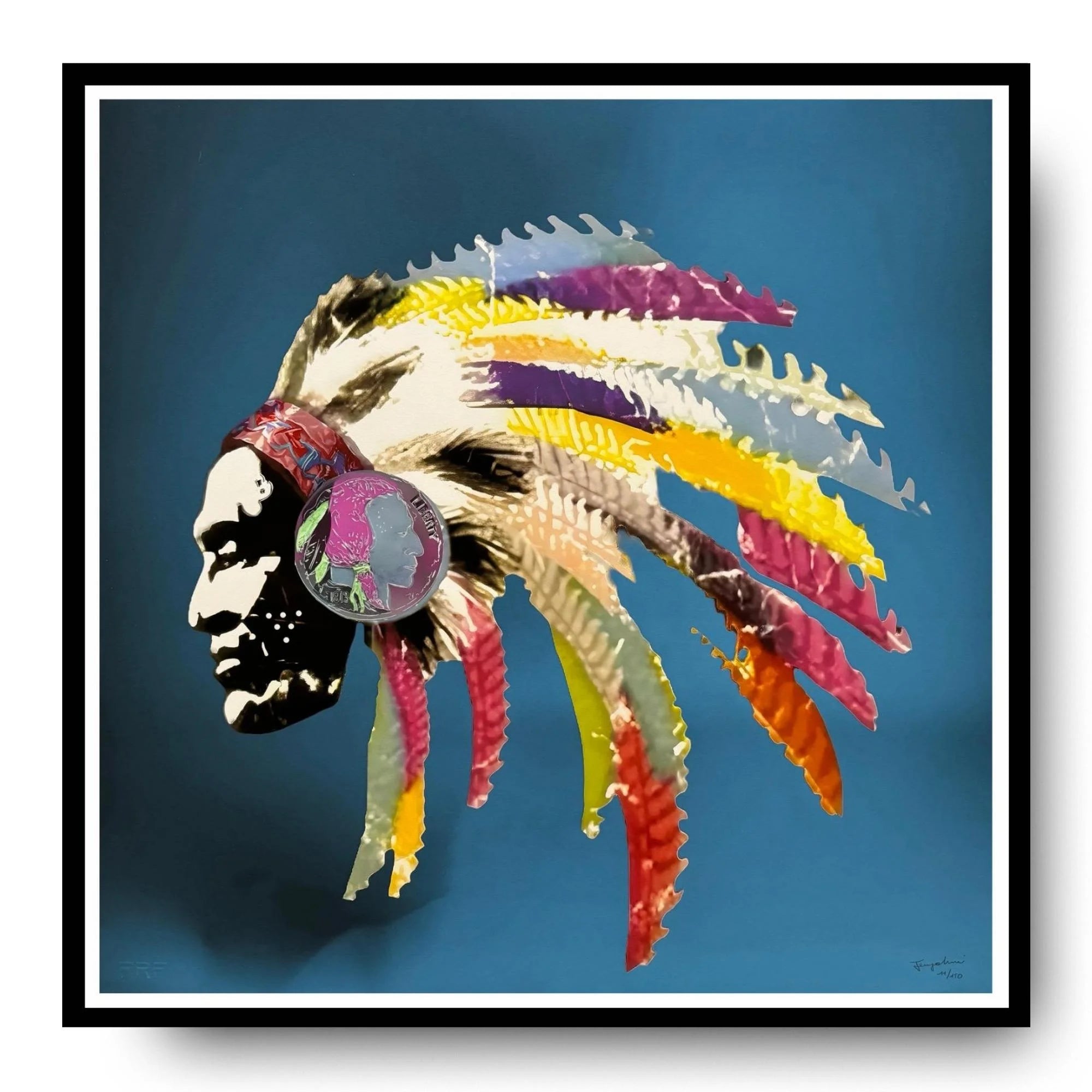Colorful headdress with feathers on a stylized Native American face against a blue background